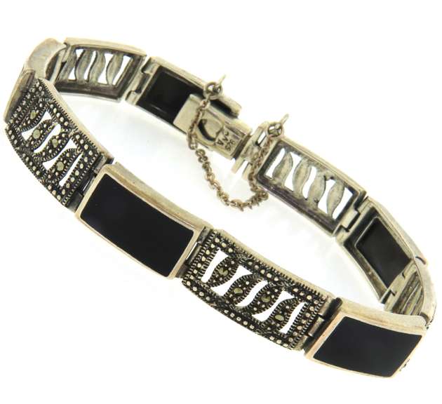 Sterling Silver Black Onyx Marcasite Bracelet