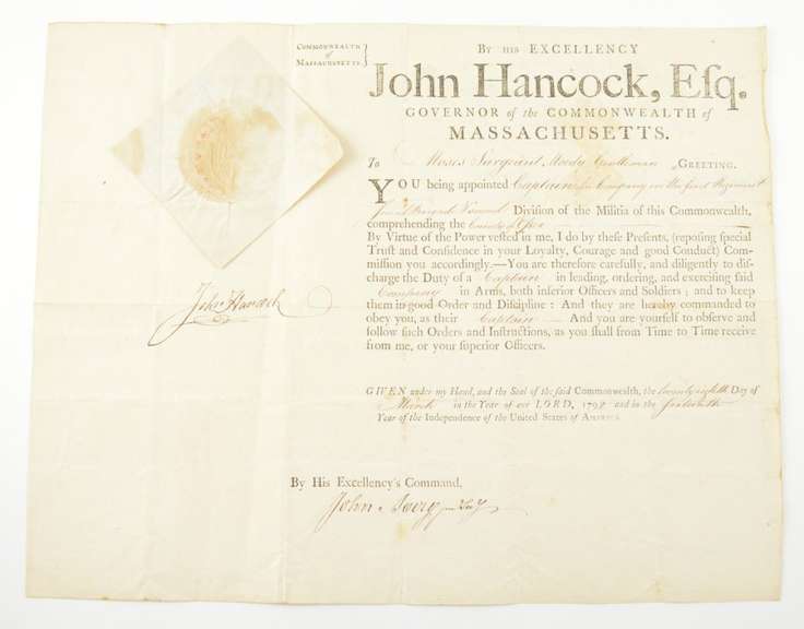 1792 John Hancock Signed Military Appt Moses Sergeant Moody Gentleman - LOA