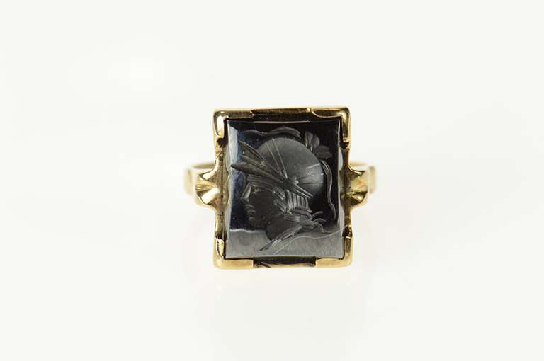 10K Yellow Gold Carved Hematite Intaglio Retro Statement Ring