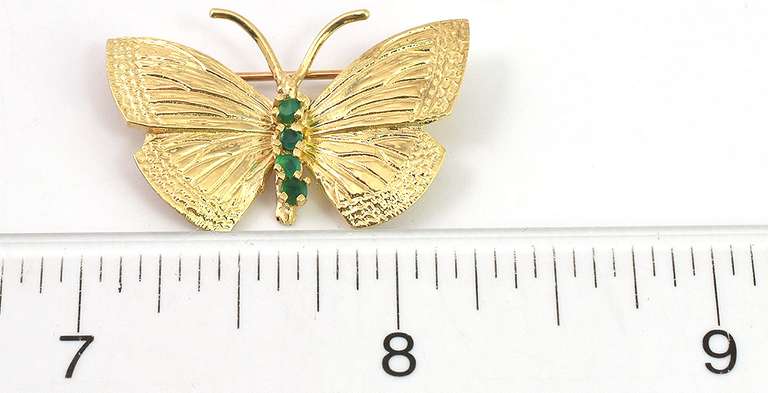Detailed Butterfly Pin with Emerald Accents in 14KT Yellow Gold