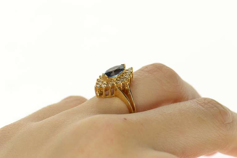 14K Yellow Gold Marquise Blue Topaz Diamond Halo Ring