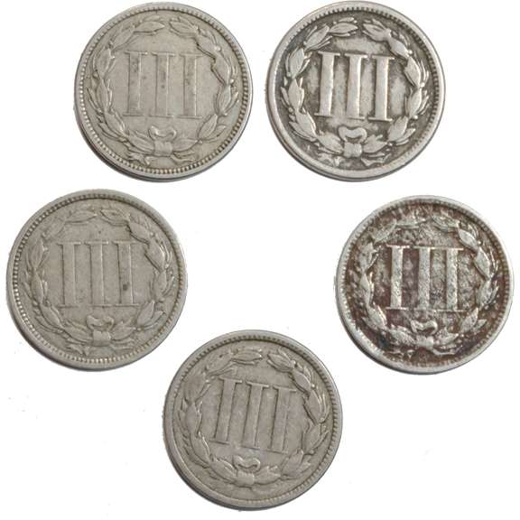 5 Assorted 3 Cent Nickels
