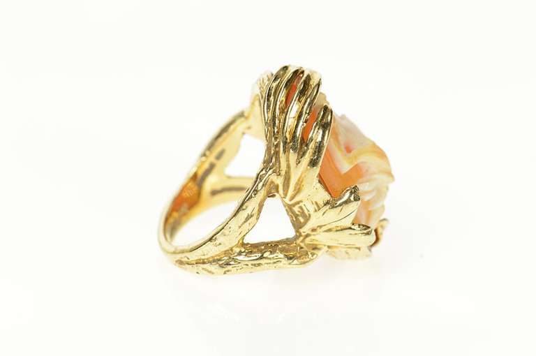 14K Yellow Gold Ornate Carved Lady Shell Cameo Statement Ring
