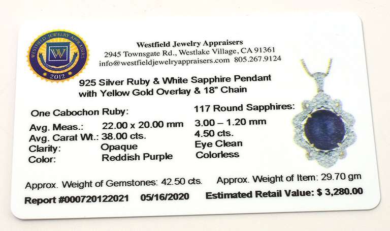 Dazzling Huge 38.00CTS Natural Cabochon Star Ruby & 4.50CTW White Sapphire Necklace in Vermeil