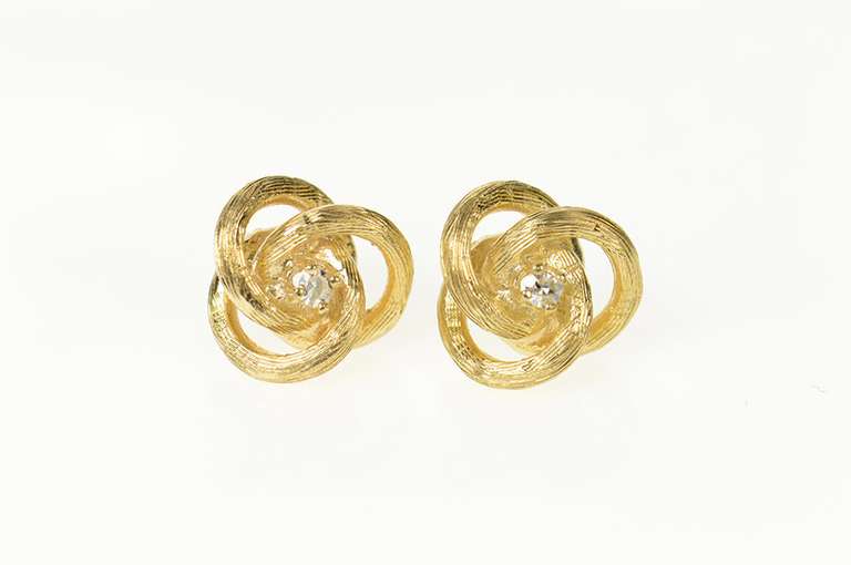 14K Yellow Gold Textured Twist Knot Diamond Retro Stud Earrings
