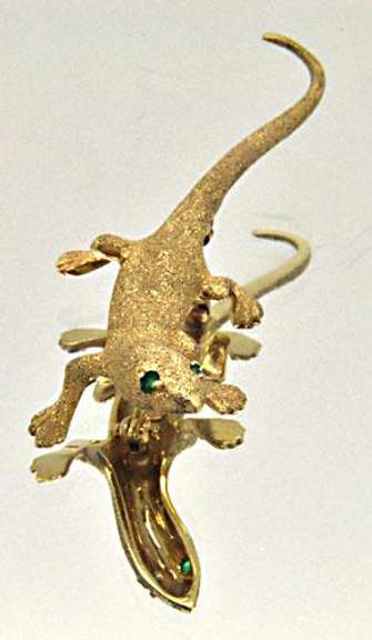 14K GOLD LIZARD BROOCH WITH EMERALDS
