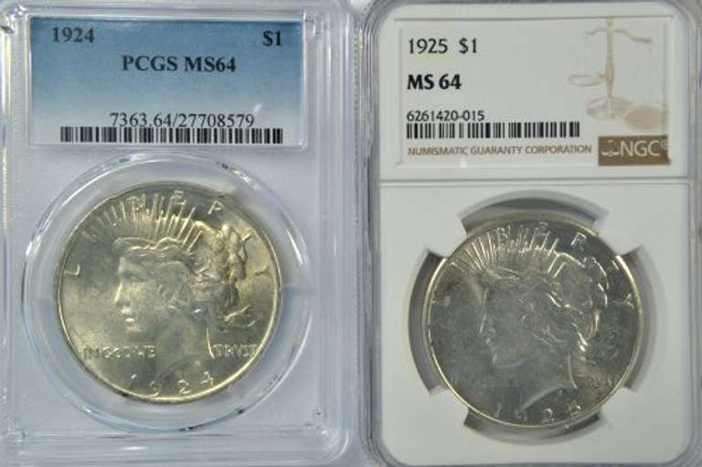 Near Gem BU 1924 & 1925 Peace Dollars PCGS & NGC MS64