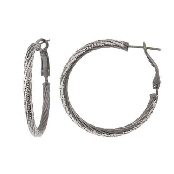 Black Rhodium Overlay Sterling Silver 30mm Diamond Cut Hoop Earrings