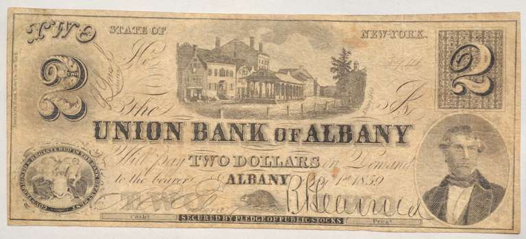 $ 2 Union Bank Of Albany Jan /1 /1859 Note