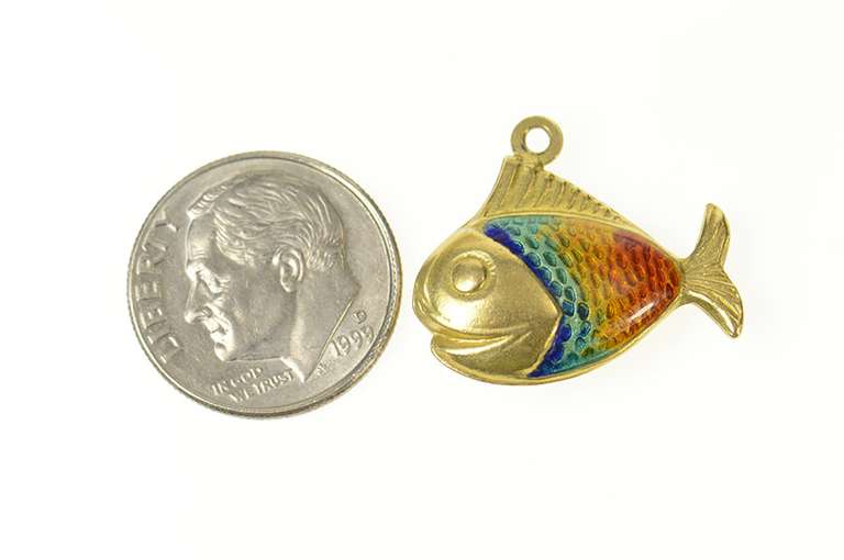 14K Yellow Gold Rainbow Enamel Fish Puffy Retro Charm/Pendant