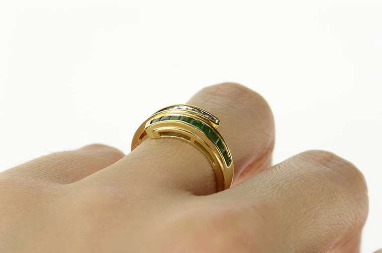 14K Yellow Gold Emerald Diamond Inset Freefrom Statement Ring