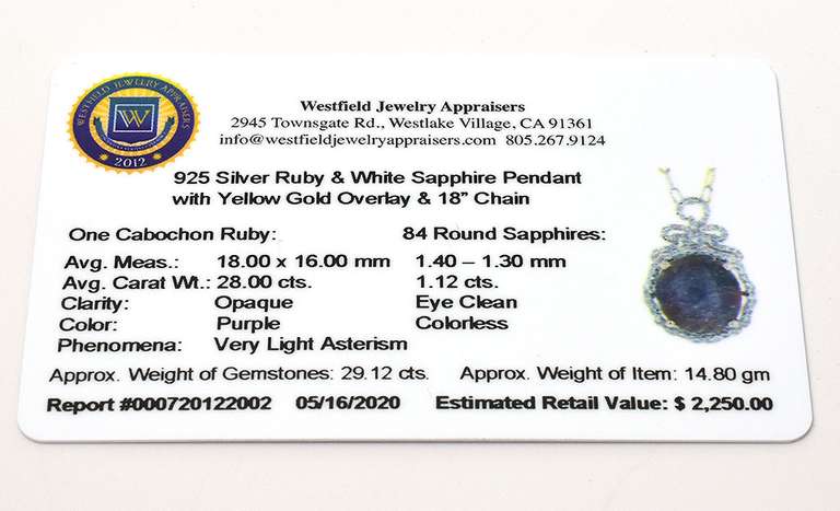 Fascinating Huge 28.00CTS Cabochon Cut Natural Star Ruby & White Sapphire Necklace in Vermeil