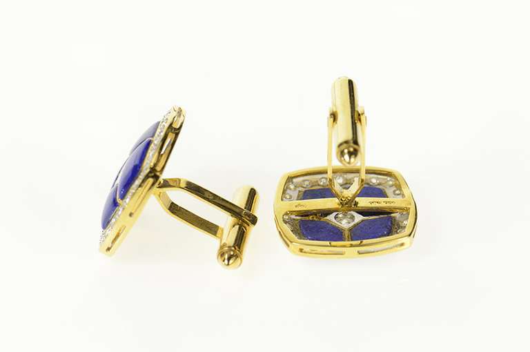 18K Yellow Gold Squared Lapis Lazuli Diamond Ornate Tuxedo Cuff Links