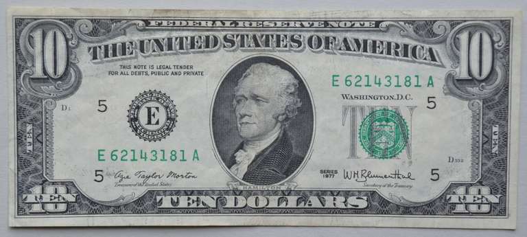 $10 1977 FRN Offset Face On The Reverse Error Note
