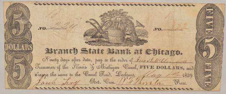 $ 5 May 1 1839 Branch State Bank At Chicago Lockport Note