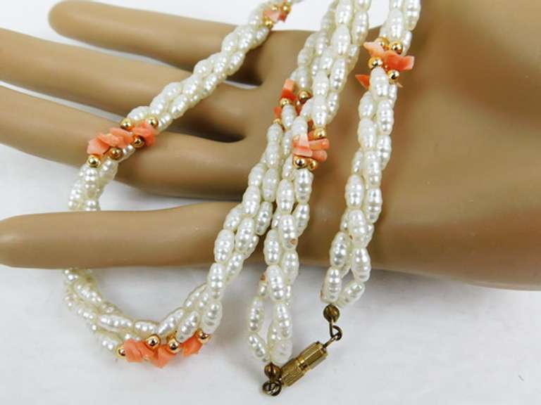 Triple Strand Freshwater Rice Pearls & Coral Necklace