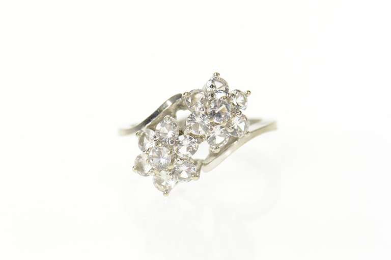 14K White Gold Retro Classic Flower Cluster CZ Bypass Ring