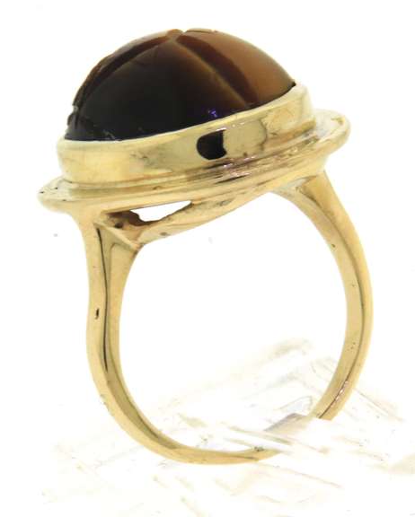 Graceful Carved Scarab Oval Cabochon Tiger Eye Ring