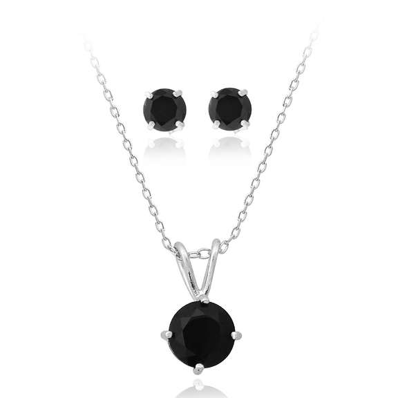 Sterling Silver 2.95ct Black Spinel Solitare Necklace & Stud Earrings Set