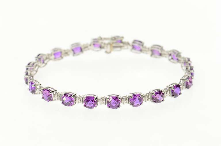 10K White Gold Faceted Cushion Amethyst Diamond Accent Bracelet