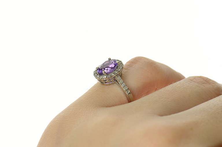 10K White Gold Oval Amethyst Diamond Halo Statement Ring