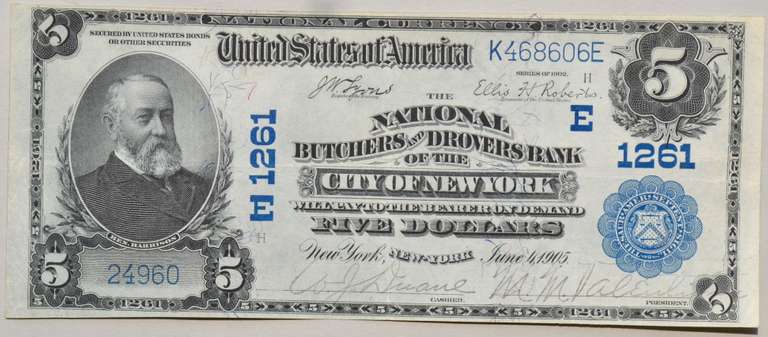 Uncirculated $ 5 Butchers & Drovers Bank NY Series 1902 National Note