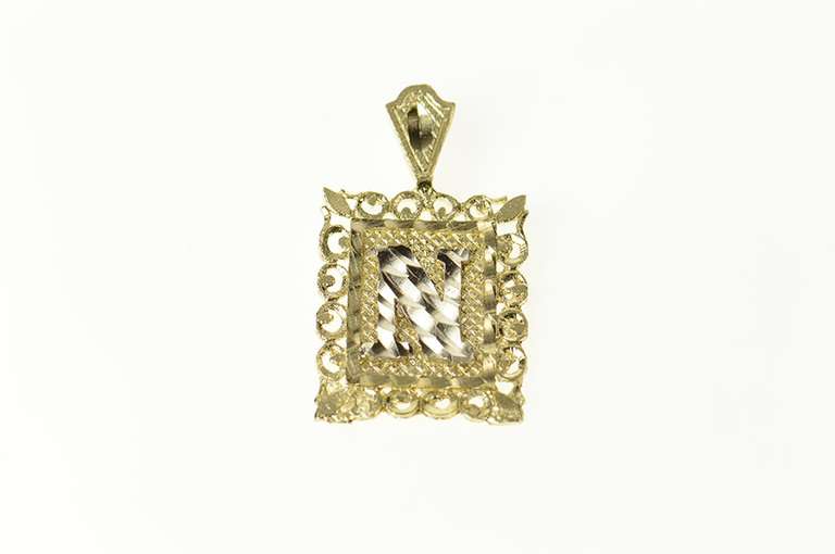 10K Yellow Gold Ornate N Monogram Squared Letter Name Pendant