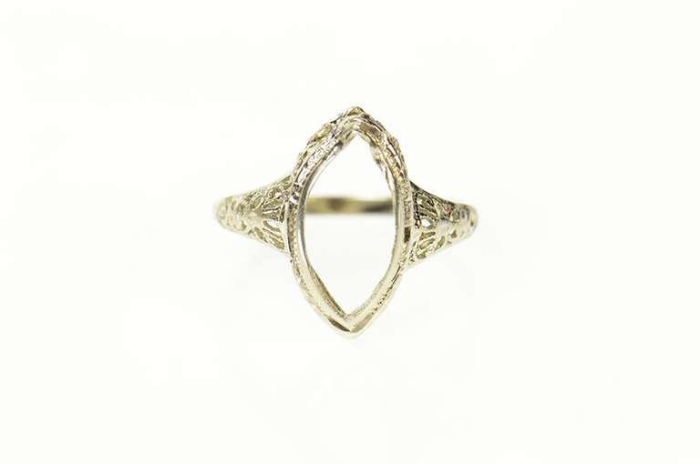 14K White Gold Ornate Marquise Art Deco Filigree Setting Ring
