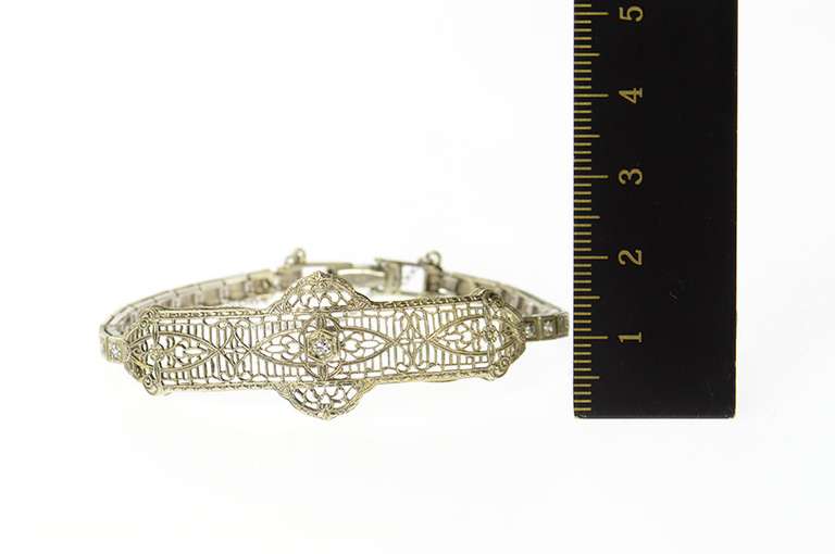 14K White Gold Diamond Ornate Art Deco Filigree Statement Bracelet