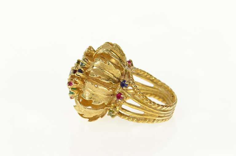 14K Yellow Gold 1960's Retro Ornate Gemstone Cluster Cocktail Ring