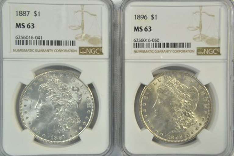Choice BU 1887 & 1896 Morgan Silver Dollars. NGC MS63