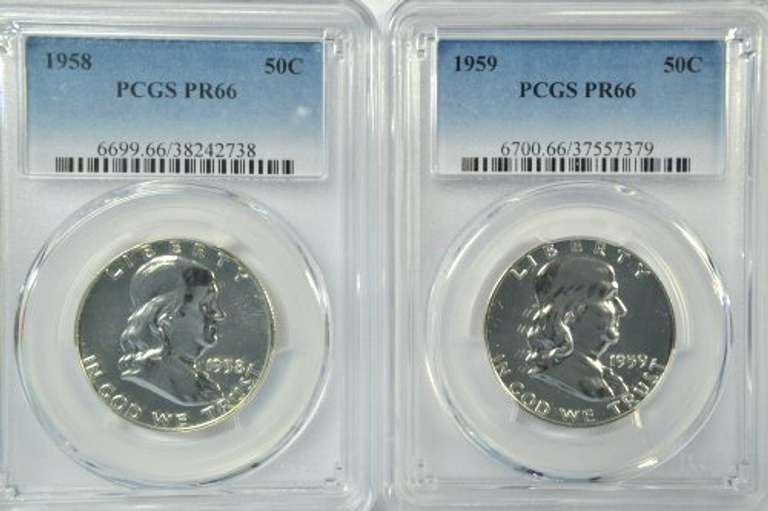 Super Gem Proof 1958 & 1959 Franklin Halves. PCGS PR66