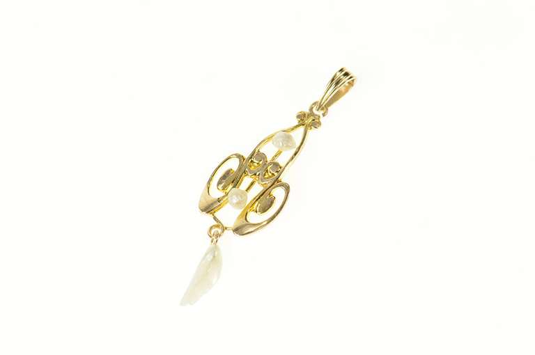 10K Yellow Gold Victorian Pearl Ornate Swirl Drop Pendant