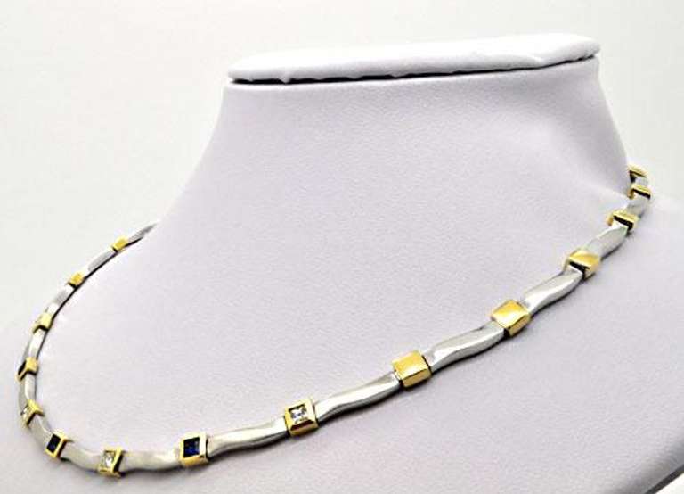 18KT WHITE GOLD SADE NECKLACE SET, DIAMONDS AND SAPPHIRES.