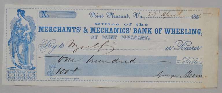 $ 100 Merchants & Mechanics Bank of Wheeling At Point Pleasant April 23 1855 Note