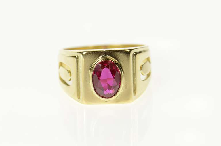 14K Yellow Gold Art Deco Oval Syn. Ruby Squared Statement Ring