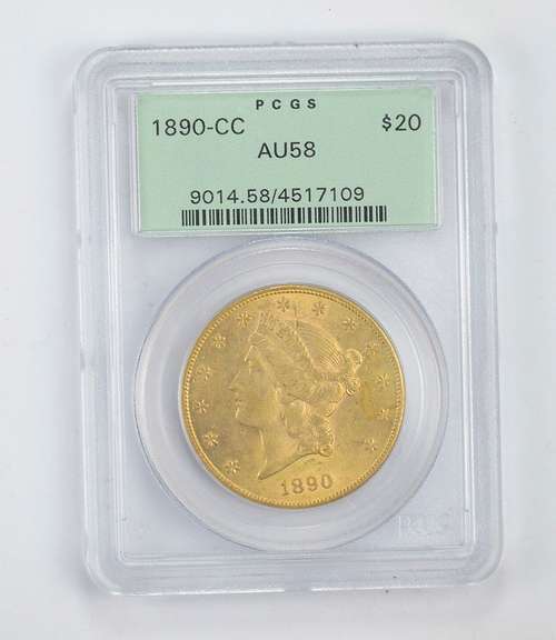 AU58 1890-CC $20 Liberty Head Gold Double Eagle Old Green Holder PCGS