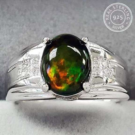 ETHIOPIAN OPAL & WHITE SAPPHIRE MENS STERLING SILVER ADJUSTABLE RING
