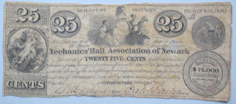 25 Cents Mechanics Hall Assn Of Newark New Jersey Oct 5 1837 Coin Note