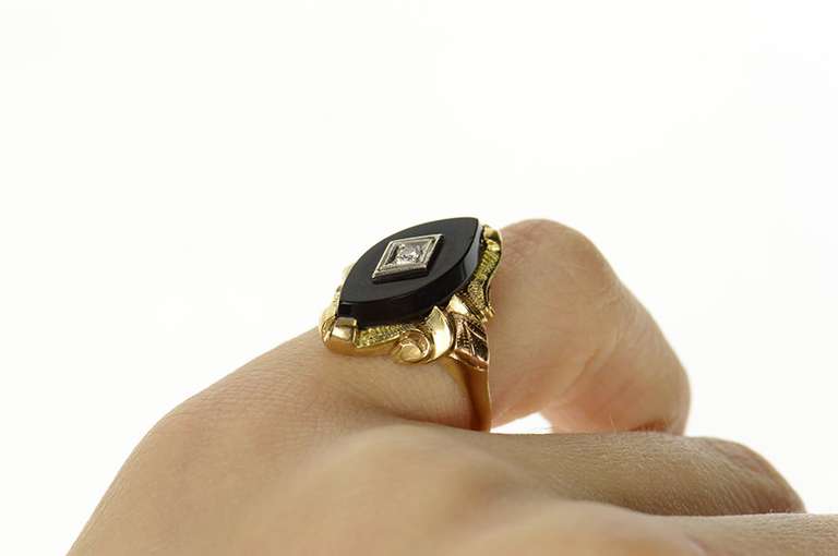 10K Yellow Gold Marquise Black Onyx Diamond Statement Ring