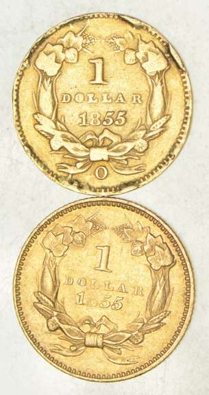 Lot (2) 1855 & 1855-O Indian Princess Head Gold Dollars