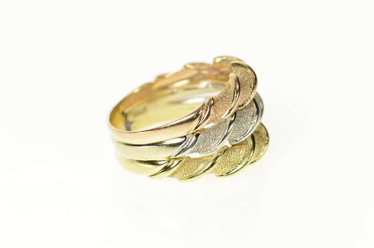 14K Yellow Gold Tri Tone Tiered Twist Textured Statement Band Ring