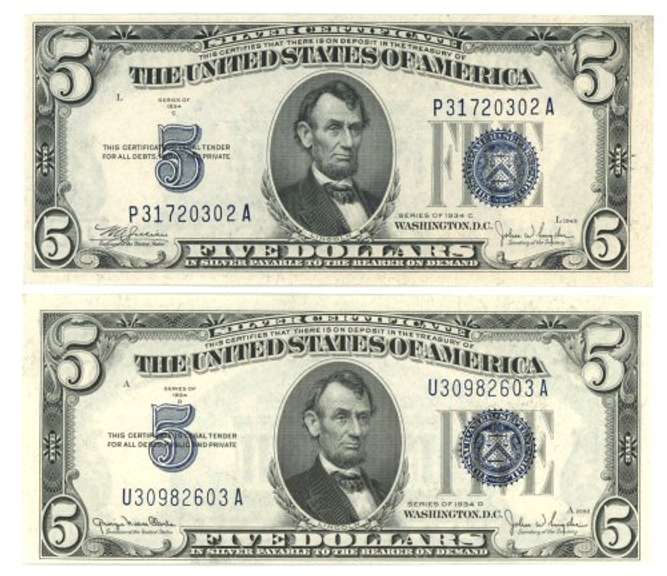 Crisp Uncirculated 1934-C & 1934-D $5 Silver Certificates