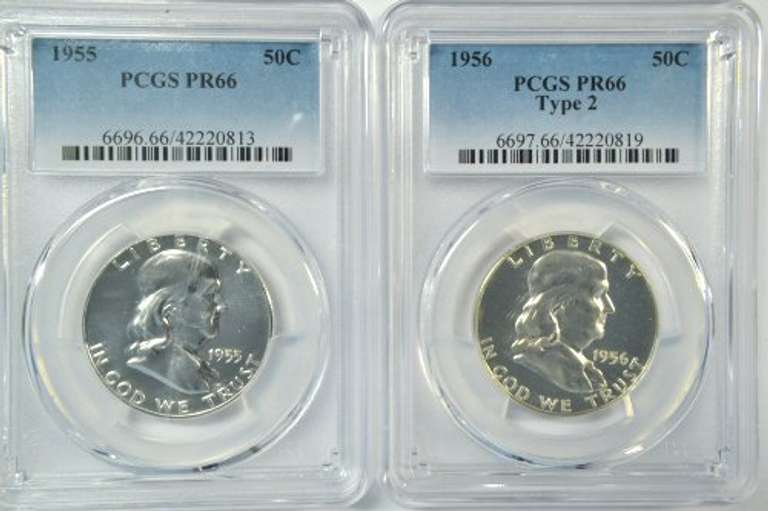 Super Gem Proof 1955 & 1956 Franklin Halves. PCGS PR66
