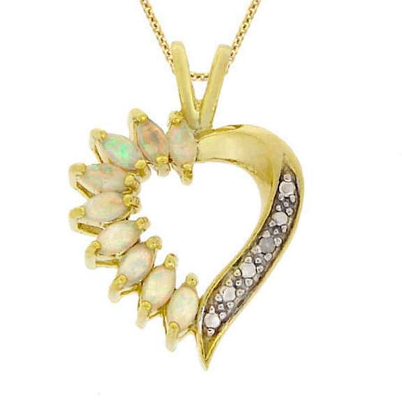 18k Gold over Silver Genuine Diamond Accent & Created Opal Heart Pendant