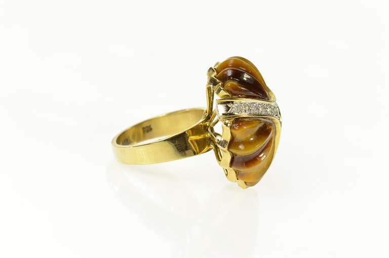 14K Yellow Gold 1960's Ornate Carved Tiger's Eye Diamond Ring