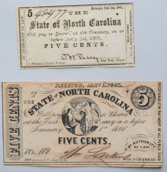 2 State of North Carolina 5 Cent Notes 1861 & 1863