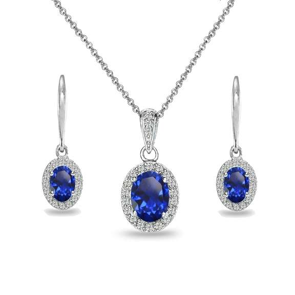 Oval Created Blue Sapphire & White Topaz Necklace & Earrings Set in 925 Silver