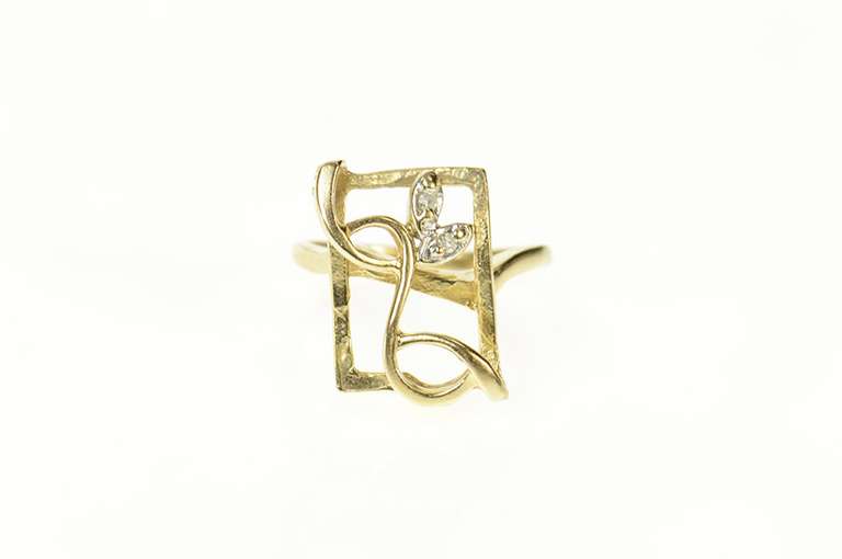 10K Yellow Gold Squared Vine Leaf Design Diamond Statement Ring