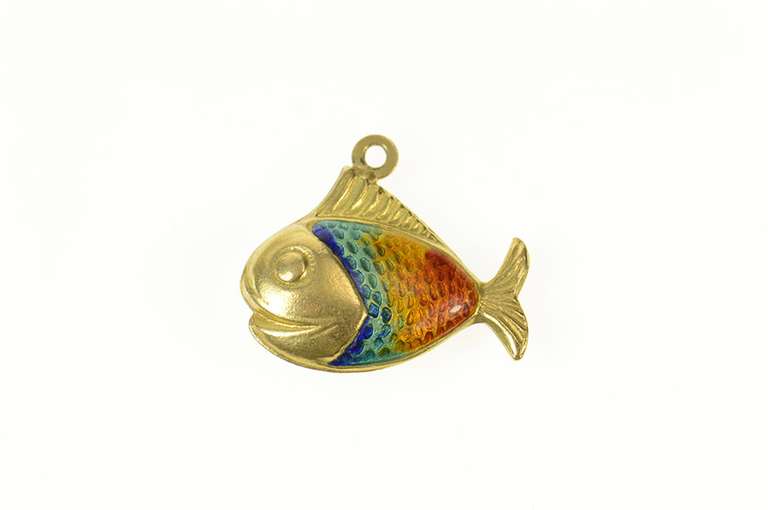14K Yellow Gold Rainbow Enamel Fish Puffy Retro Charm/Pendant